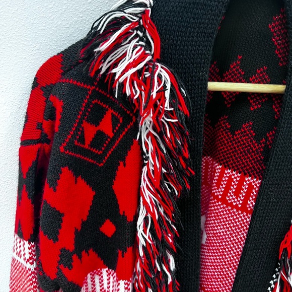 TWO WAY Italian Wool Jacket for Woman - One Size - Fringes - Red, Black, White - Picture 3 of 3